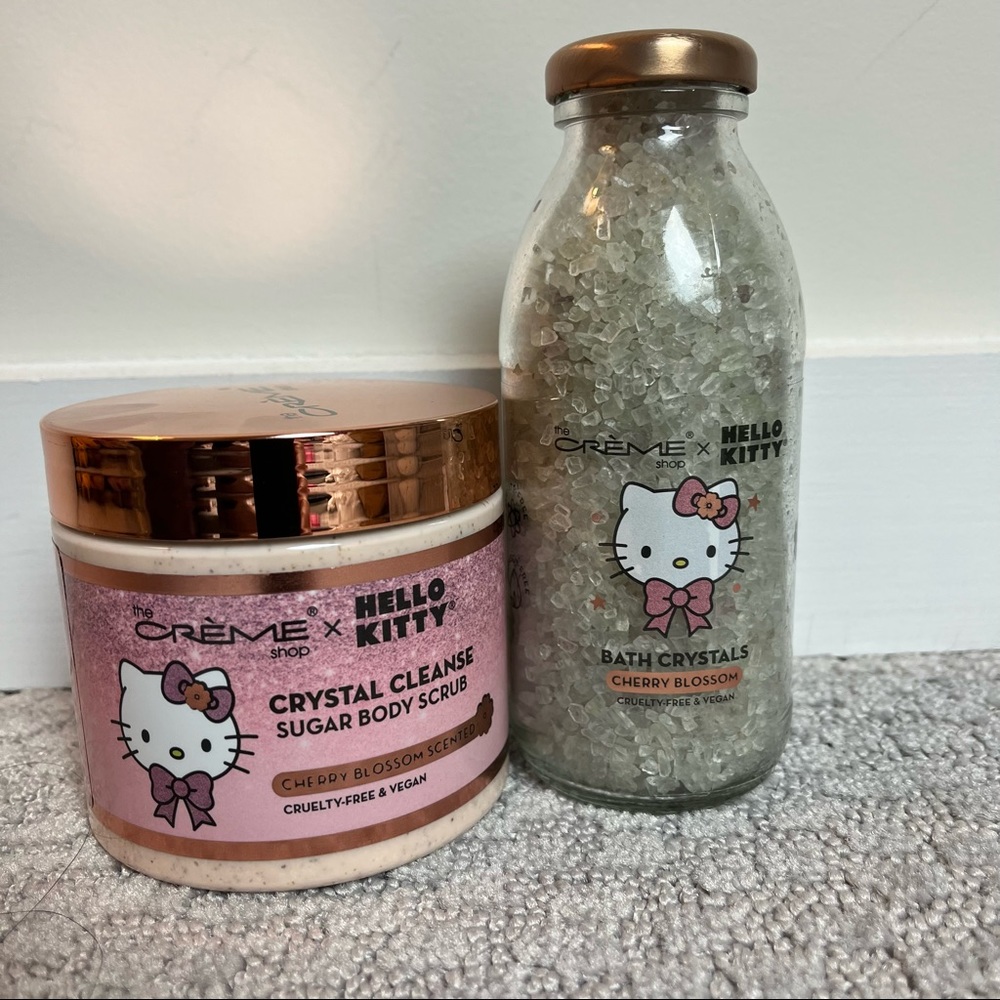 The creme shop x hello kitty cherry blossom scrub and bath crystals